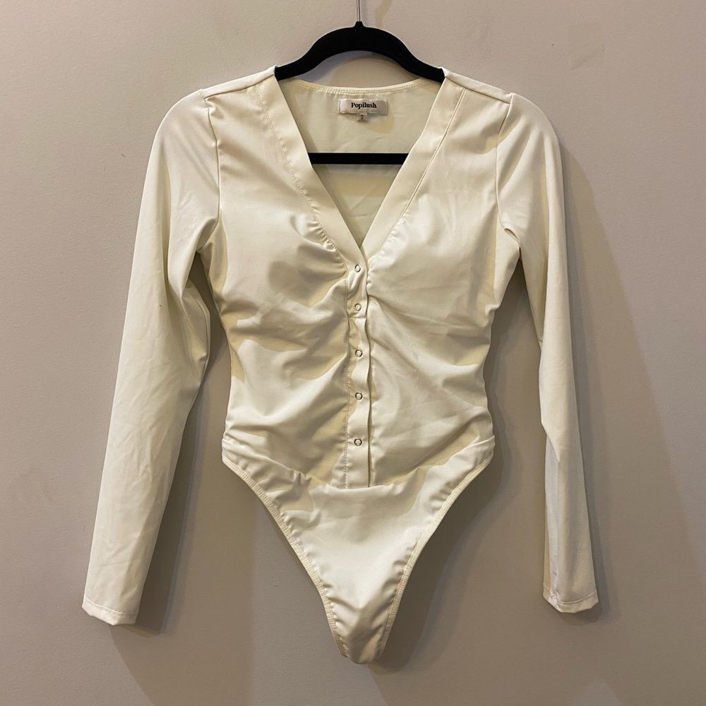 Popilush Creme Long Sleeve Bodysuit Women Size S